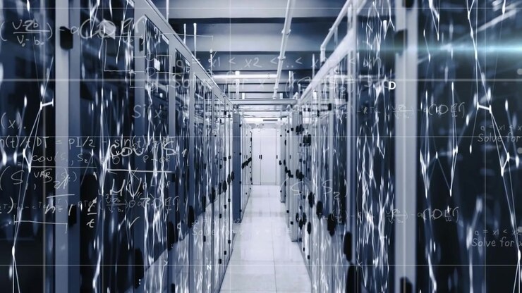 Animation of mathematical equations, light spot and network of connections against server room