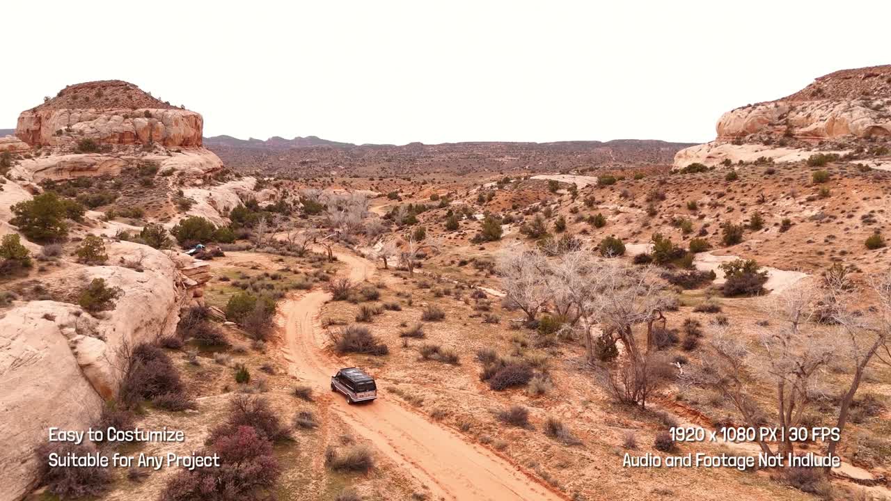 Veduta aerea di un'auto che guida su una strada nel deserto attraverso un paesaggio canyon