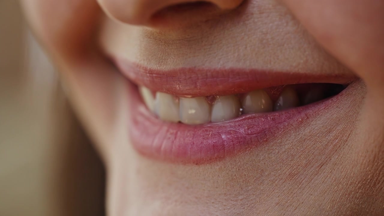 Primo piano delle labbra di una donna che sorride, sentendosi felice al chiuso. Vista macro di una bella signora.