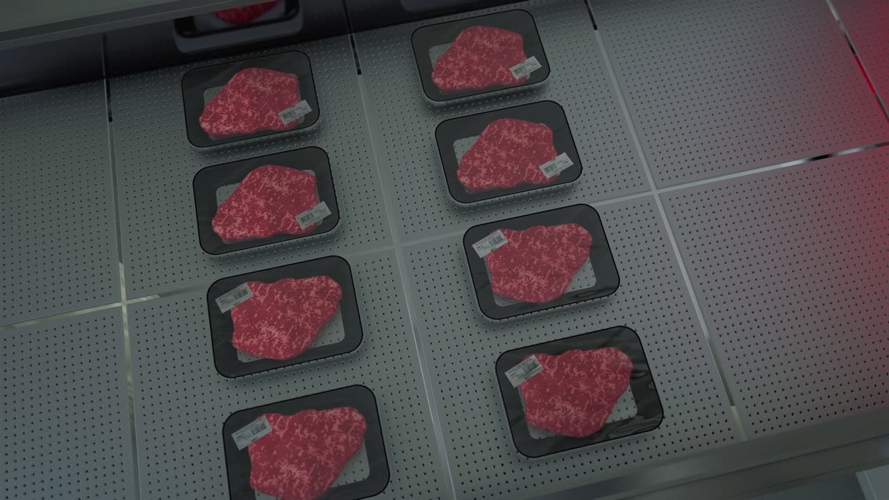 vassoi di carne cruda confezionati su un nastro trasportatore in una fabbrica