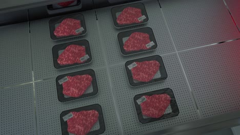 packaged raw meat trays on a conveyor belt in a factory