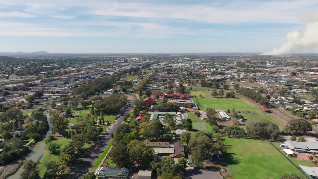 Aerial: Wide drone shot of Griffith town, NSW Australia