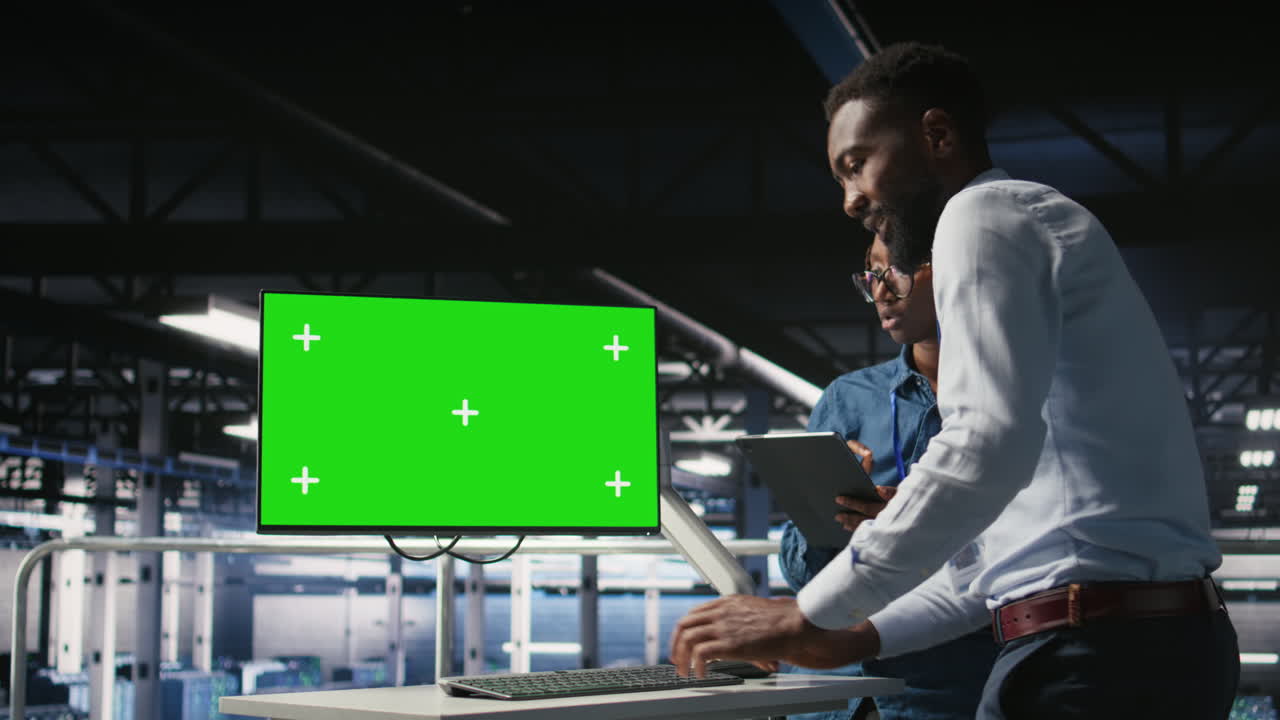 Data center colleagues working on green screen PC, updating infrastructure