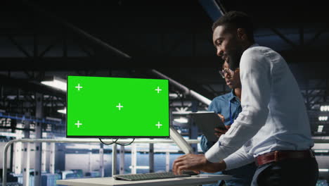 data center colleagues working on green screen pc, updating infrastructure