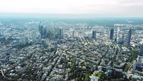 flying around frankfurt am main, germany, facing to the skyskrapers, 400% speed up