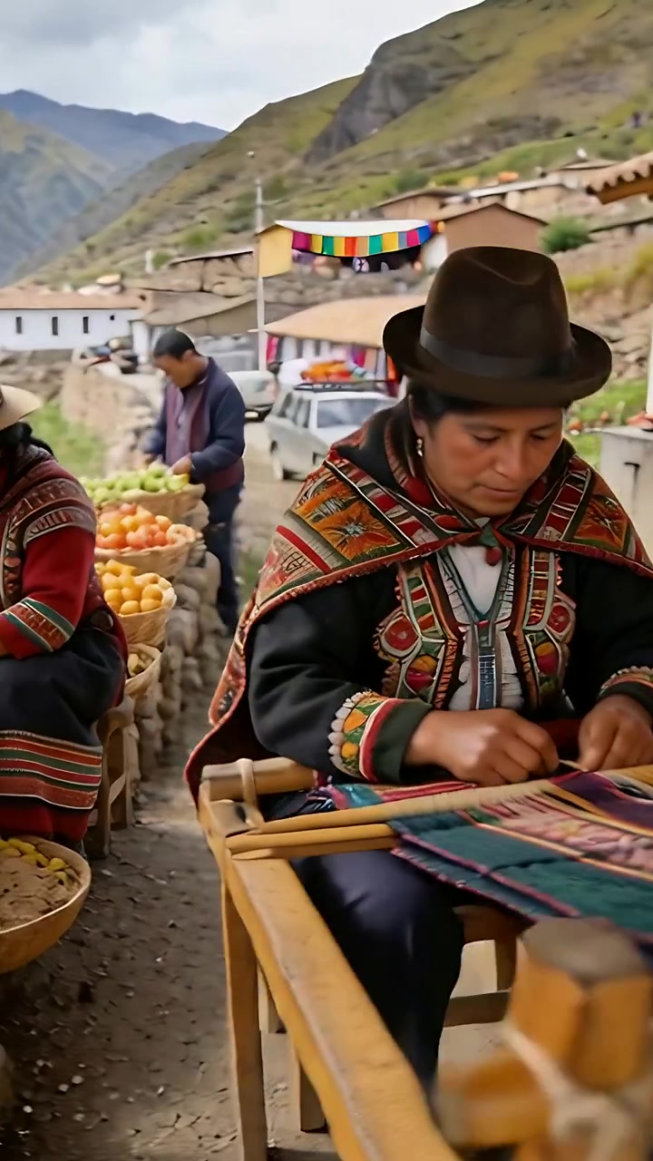Vertical video: Pullback showing Andean weaver in poncho weaving on loom at market to sell wares