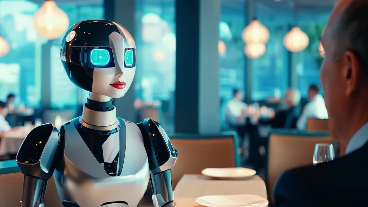 un robot humanoide sirviendo a un cliente en un restaurante