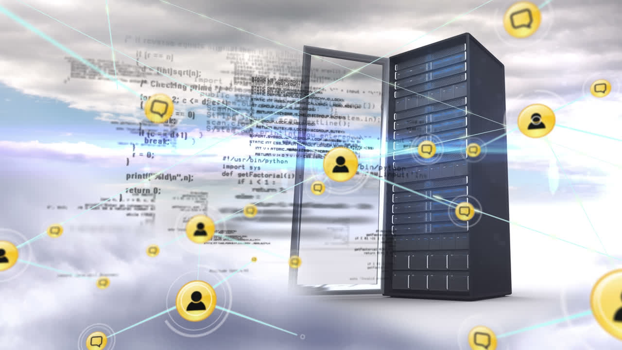 animación de conexiones a través de datos, servidores y nubes