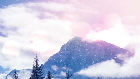 manchas de luz y nieve cayendo sobre el paisaje de invierno con árboles y montañas