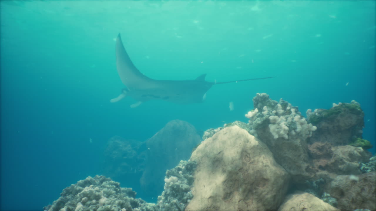 la raya manta nadando sobre el arrecife de coral