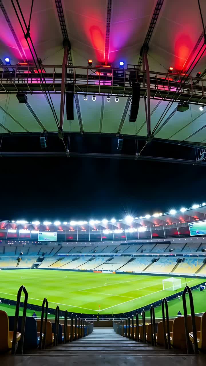Video verticale: Telecamera che avanza lungo il corridoio centrale di uno stadio, rivelando il campo illuminato a giorno e i posti a sedere.