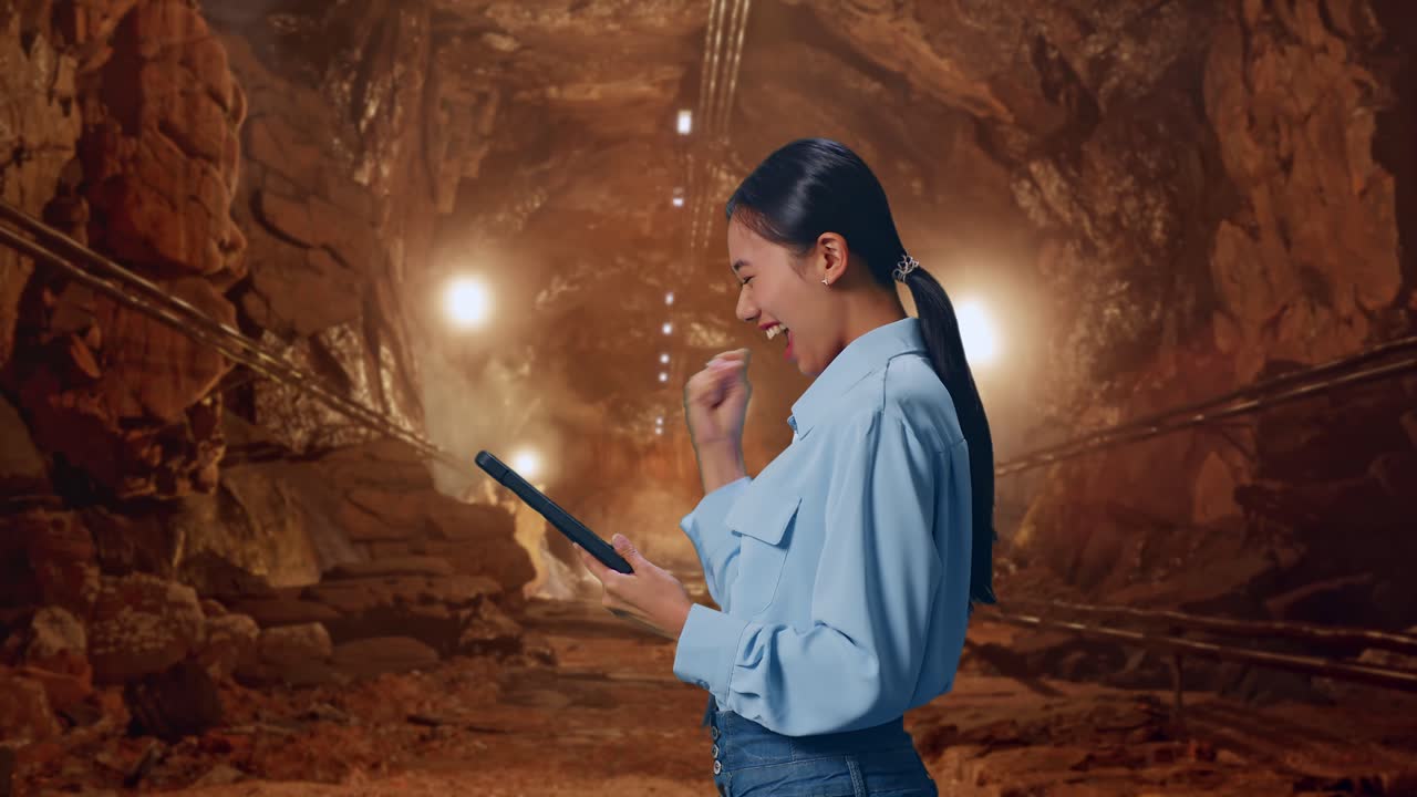 Side View Of Asian Female With Her Tablet In Underground Mine Tunnel, She Raises Her Fist Up With Screaming Goal After Check On The Tablet