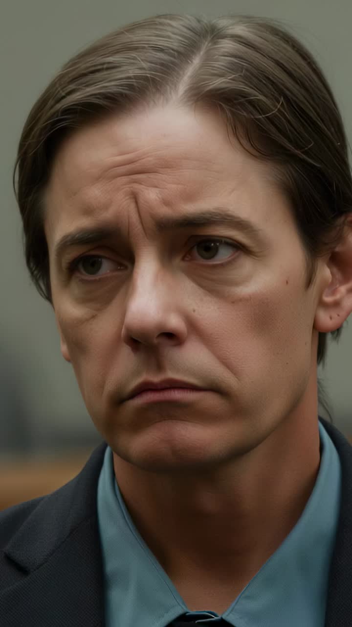 Vertical video: Reacting to off-camera cue, solemn man in courtroom turning head left, showing tie