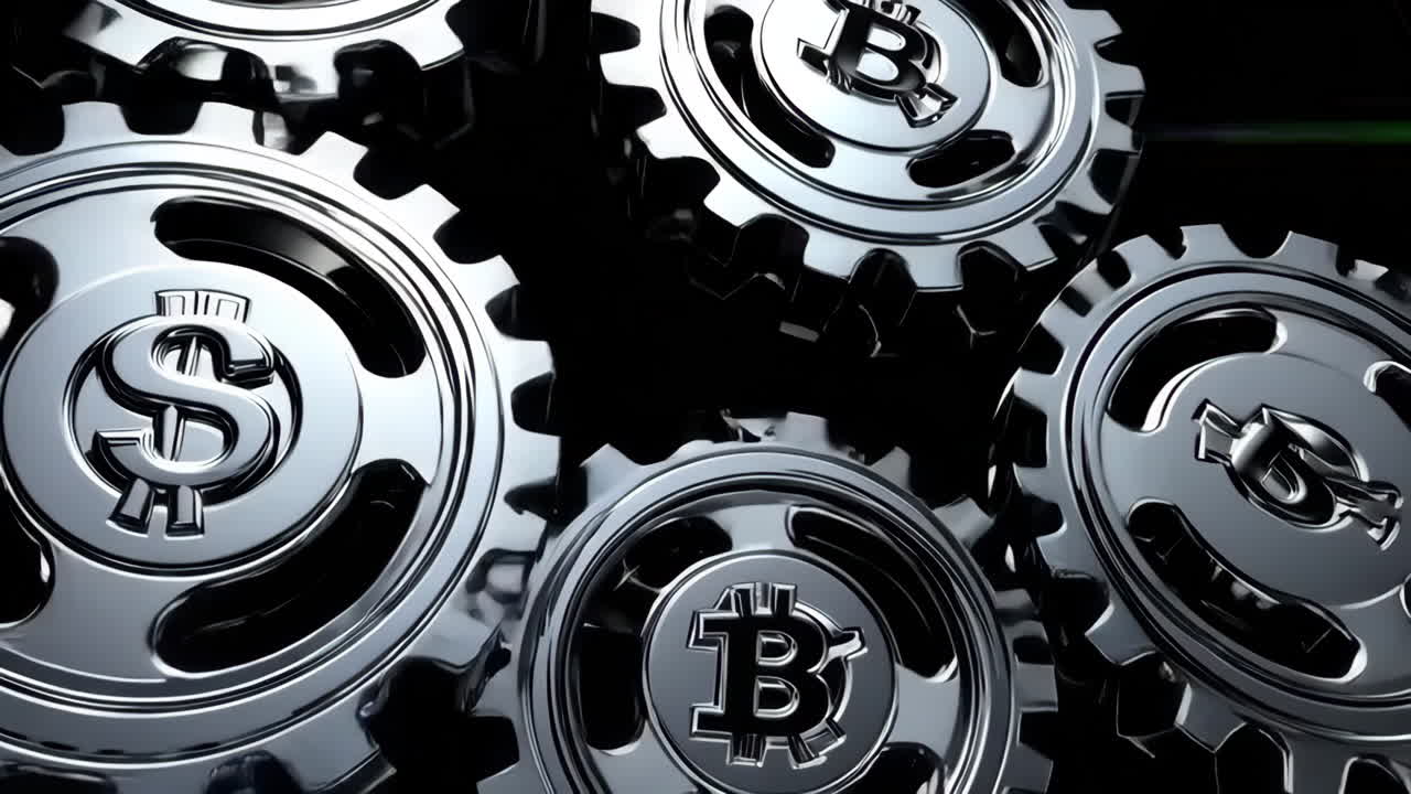 Bitcoin and Dollar Symbols on Interlocked Gears