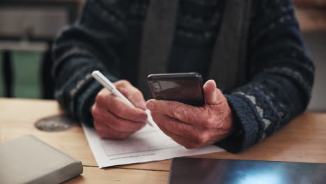 senior, hands and writing with paperwork