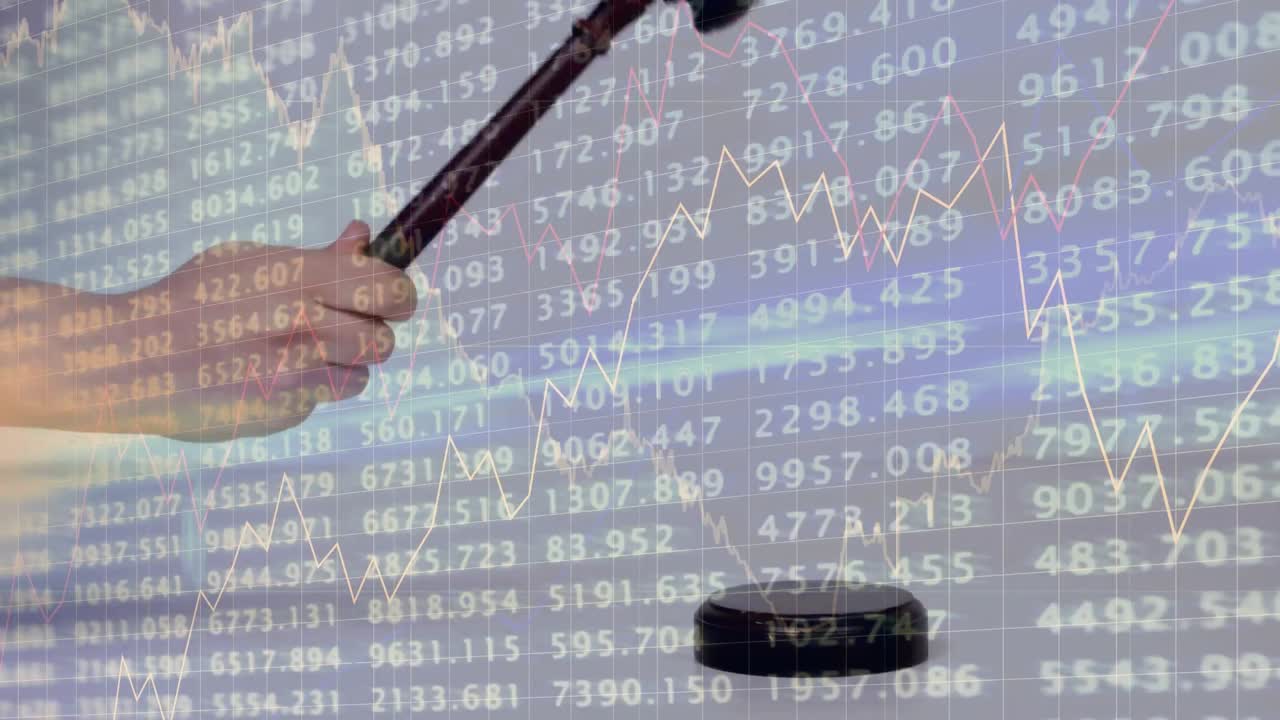 Animation of statistics and financial data processing over auctioneer's hammer