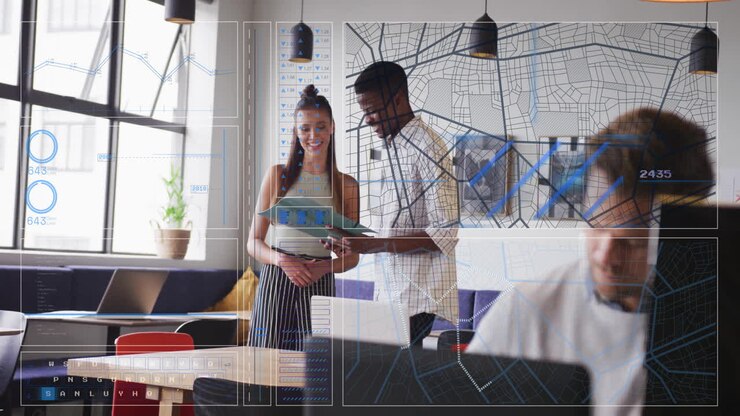 Discussing project, colleagues in office with city map and data analysis animation