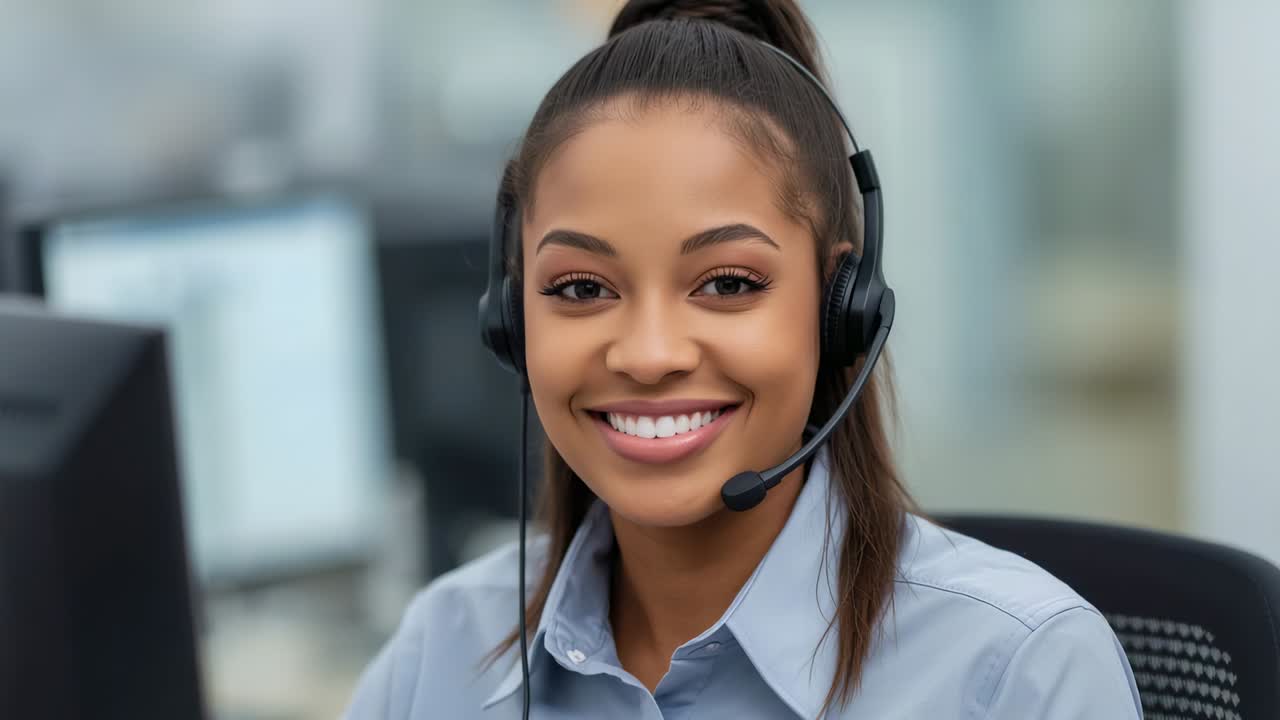 Camera zooming, call center agent in blue shirt listening using headset at office to engage caller