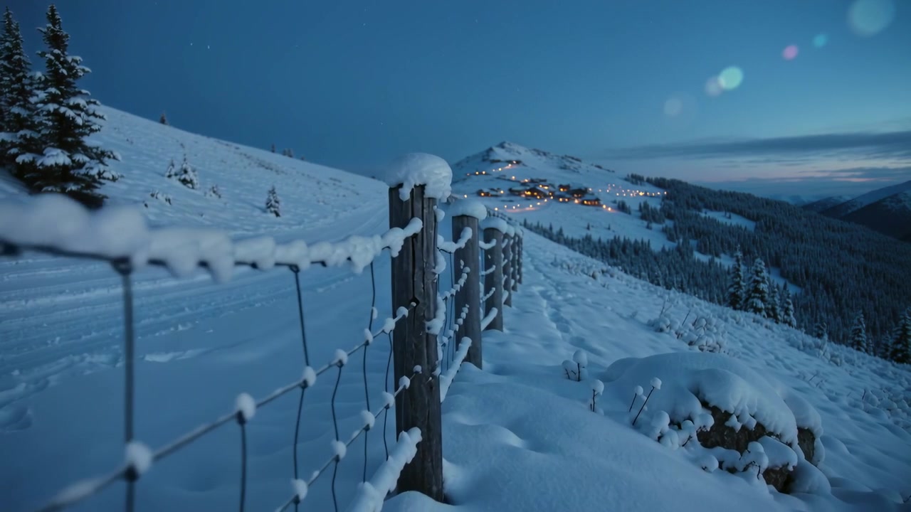 Tracking camera moving past snowy wooden fence with wire mesh on mountain, revealing distant lodges