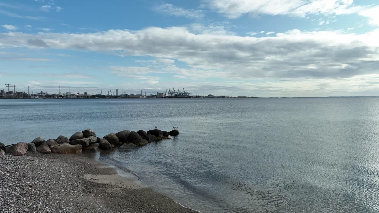 아르후스 항구 와 컨테이너 터미널 은 덴마크 아르후스 의 마르셀리스보르그 해변 에서 배경 으로 볼 수 있다.