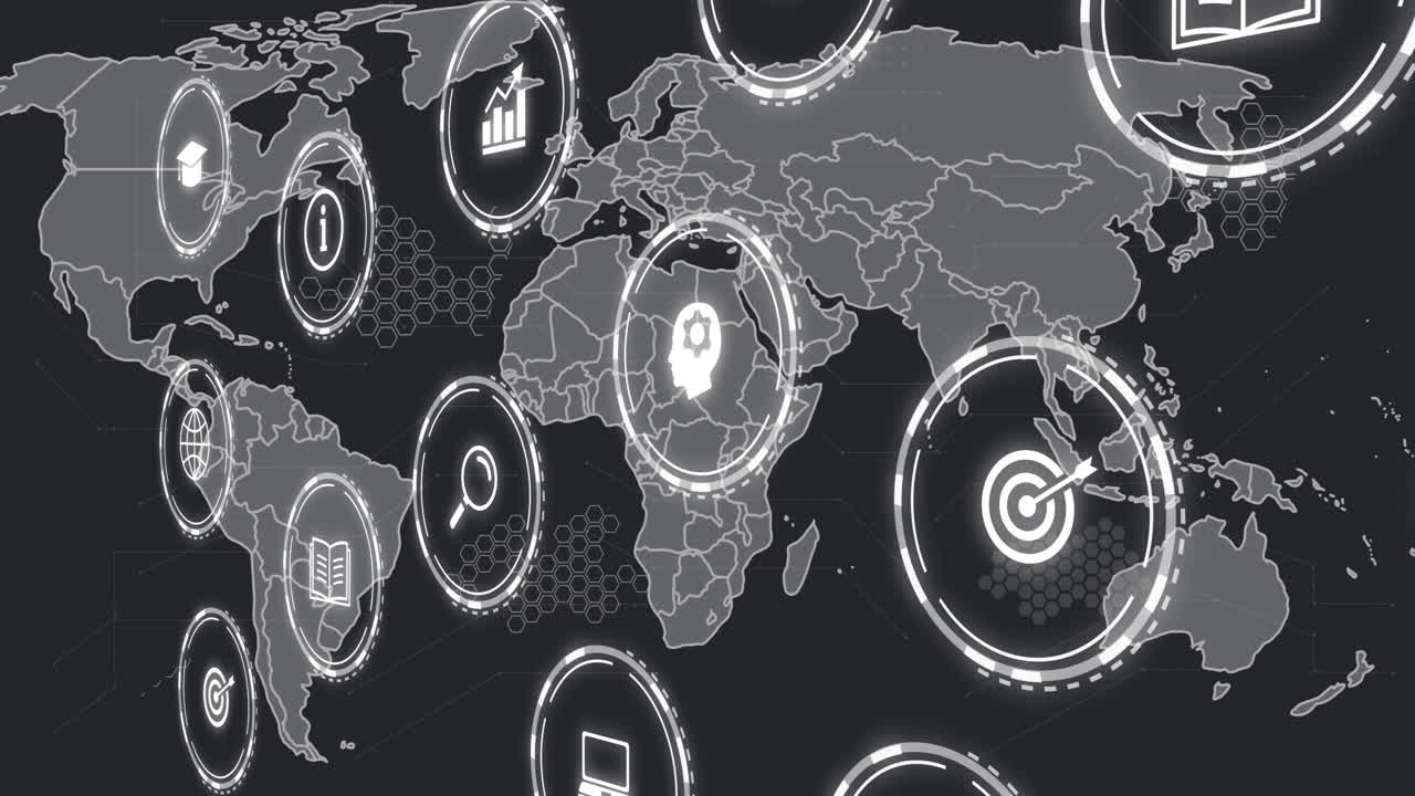 mapa global con iconos de negocios, procesamiento de datos y animación analítica