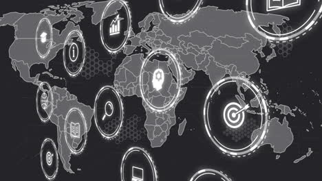global map with business icons, data processing and analytics animation