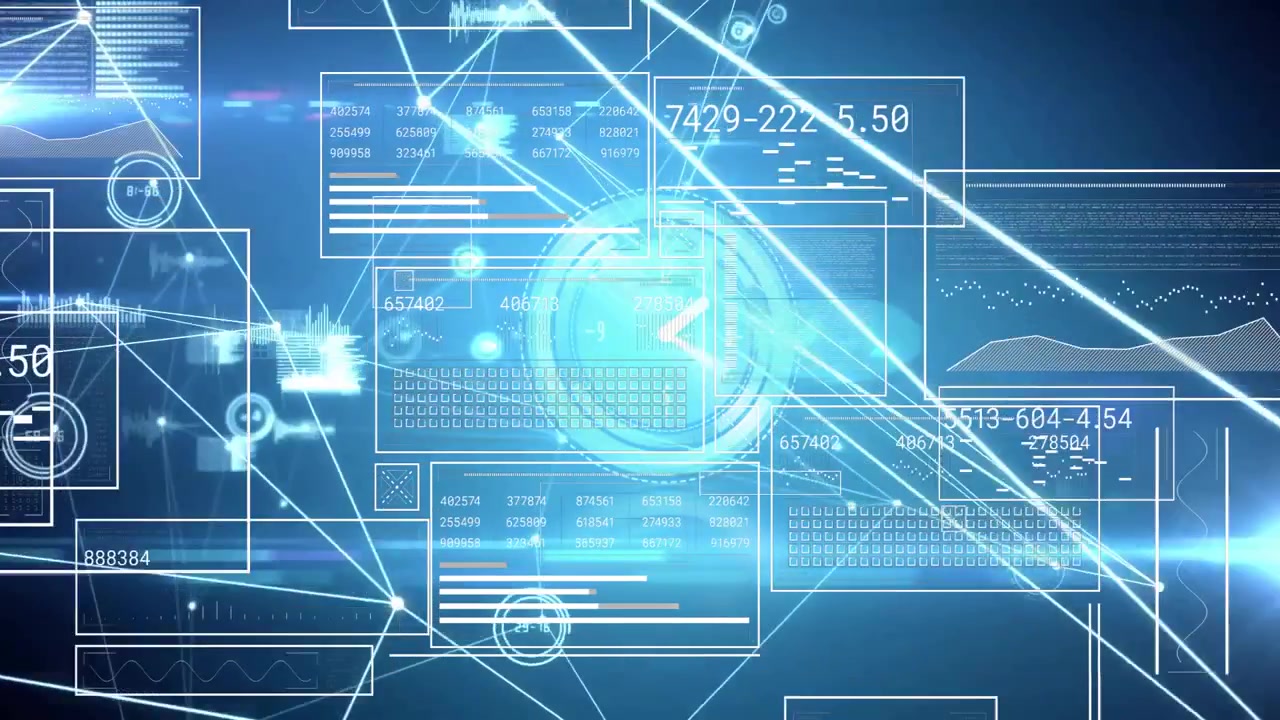 Translucent circle emerging triggers panels sliding and neon lines pulsing, showing live data flow