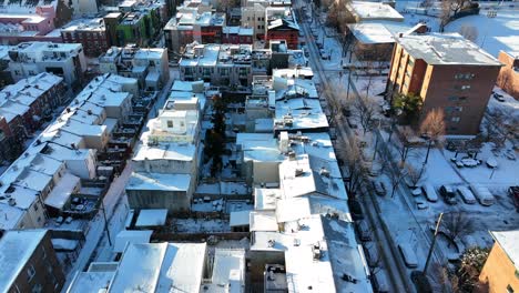 aerial of urban american city shutdown during snow storm