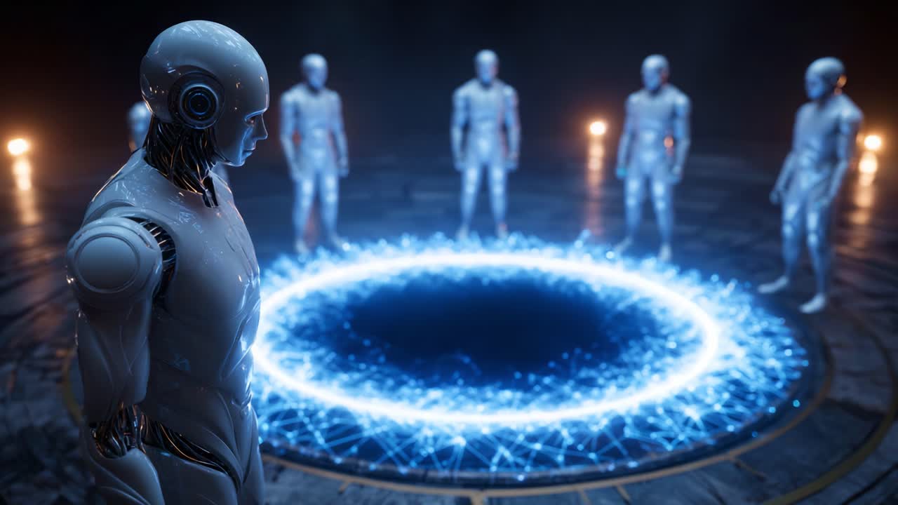 Un gruppo di robot futuristici riuniti attorno a un portale di energia incandescente, che mette in mostra tecnologia avanzata e intelligenza artificiale in un ambiente ultraterreno