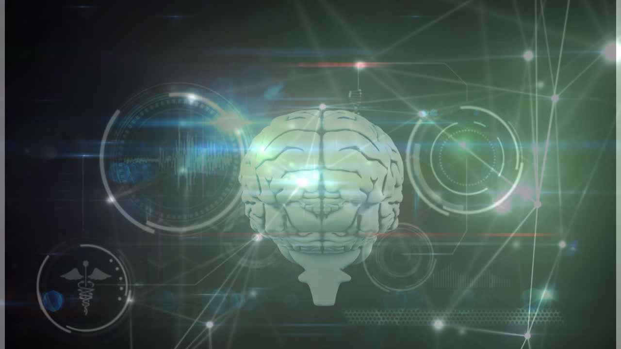 Image of science data processing and brain over network of connections and light spots