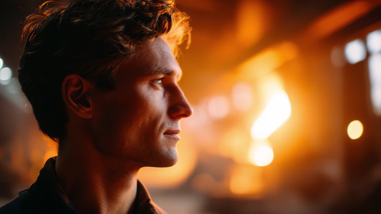 Um jovem pensativo olha para a distância, iluminado por tons quentes em um cenário atmosférico, capturando um momento de reflexão e inspiração