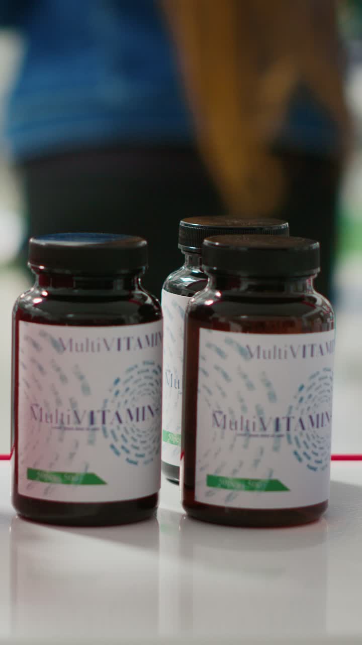 Vertical video: African american woman taking vitamins from shelves