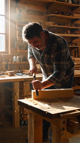 a craftsman chiseling wood in a sunlit workshop