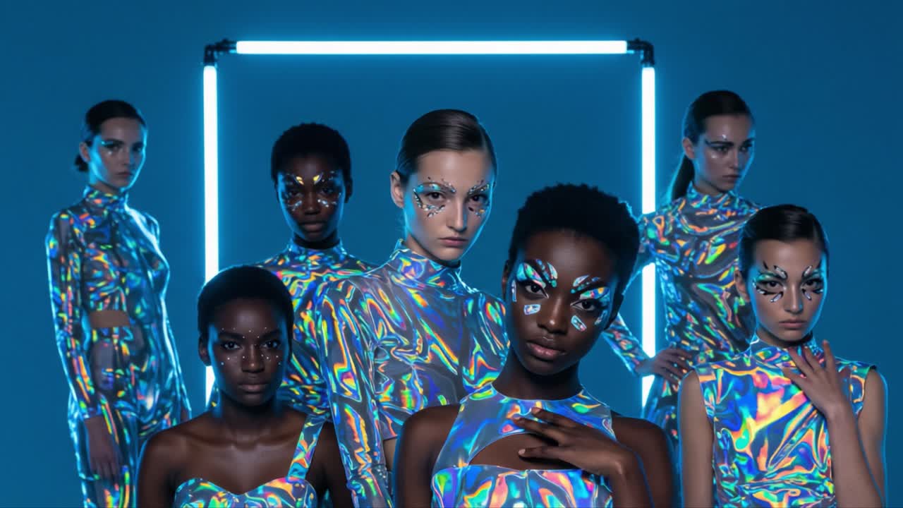A Captivating Display of Futuristic Fashion: A Group of Models in Iridescent Outfits with Stunning Makeup Posing Against a Neon-Illuminated Backdrop