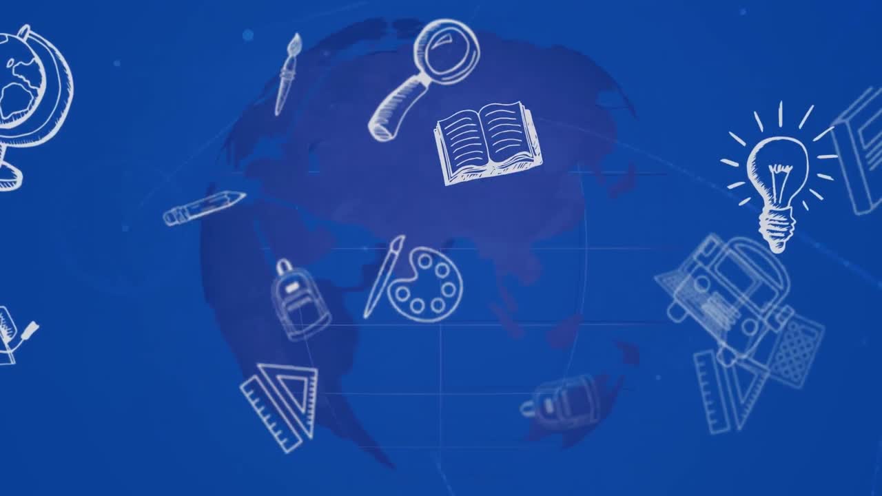 Animation of school icons floating over blue globe and blue background