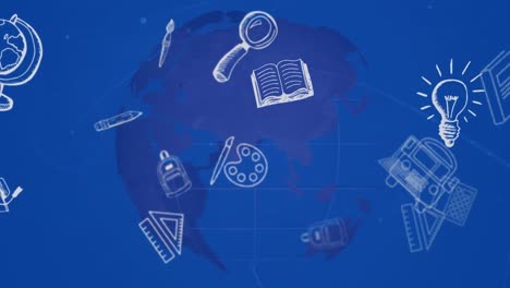 Animation-of-school-icons-floating-over-blue-globe-and-blue-background