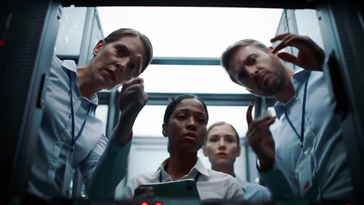 A Group of Professionals Analyzing a Server Rack in a High-Tech Environment: Focused Looks and Teamwork in Action
