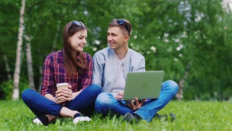 amigos de un hombre y una mujer sentados en el césped del parque disfrutan de un video hd de una laptop
