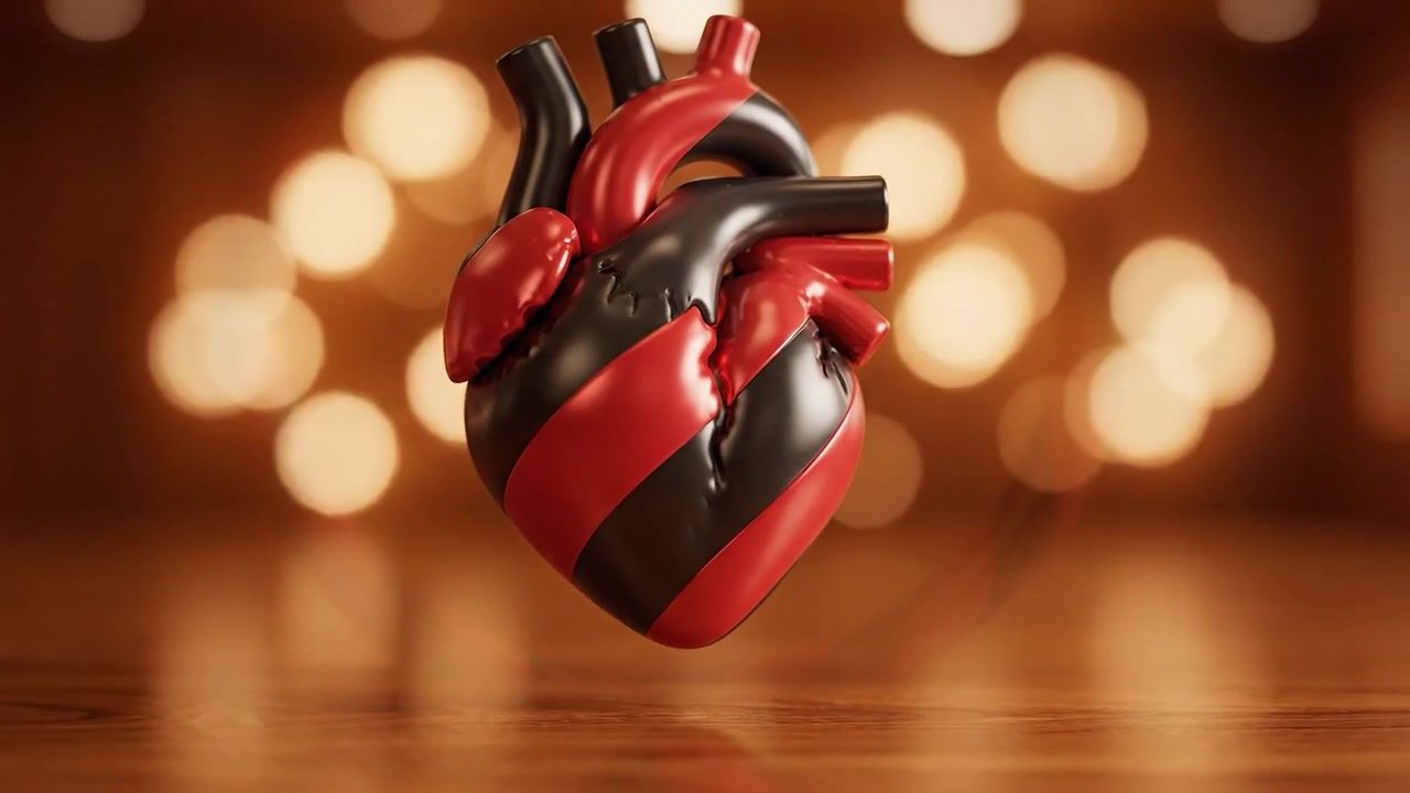 3D umělecké ztvárnění srdce zachycené ve dvou záběrech, symbolizující lásku a emoce s výraznými červenými a černými barvami na teplém pozadí