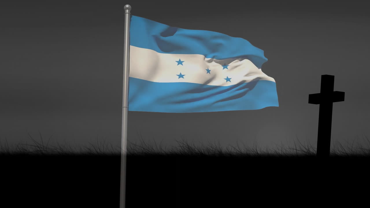 Honduras flag waving near cross silhouette with animation against dark sky