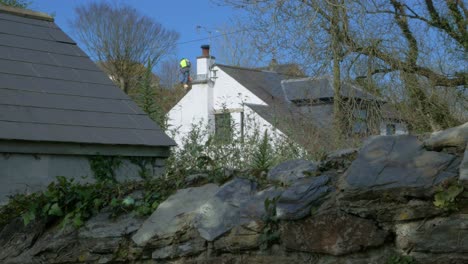 tree surgeon working in distance in countryside village