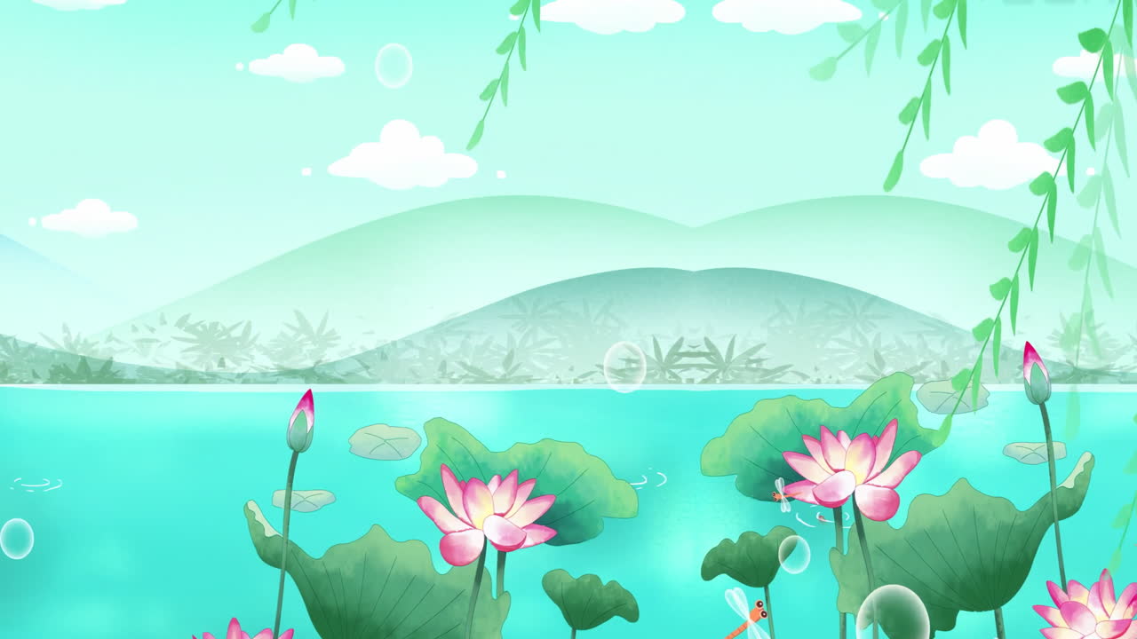 낮에는 고대 중국 전통 일본 풍경 잉크 그림 아름다운 평온한 나무, 산, 꽃, 호수, 물, 새, 파란 하늘, 배, 체리 꽃의 계절