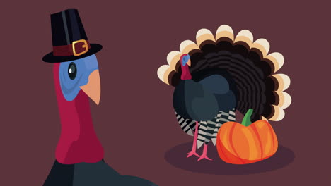 happy thanksgiving animation with turkeys and pumpkin