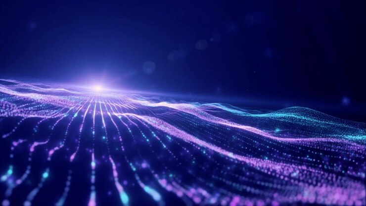 Onda digitale astratta di particelle luminose nello spazio blu profondo