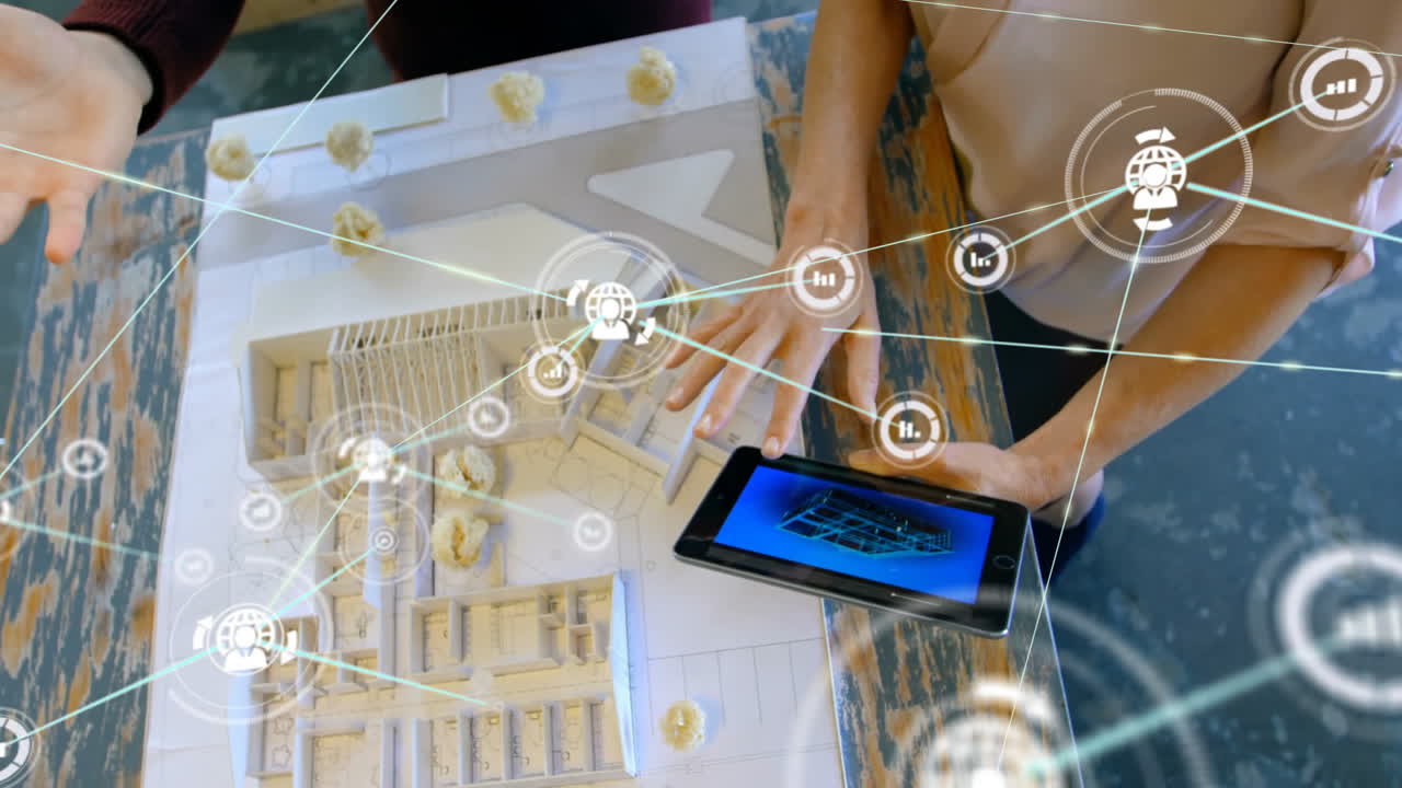 Designing and planning architecture, people using tablet and building model over icons animation