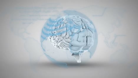 animación de un lenguaje de programación en un globo giratorio sobre un cerebro digital en un fondo abstracto.
