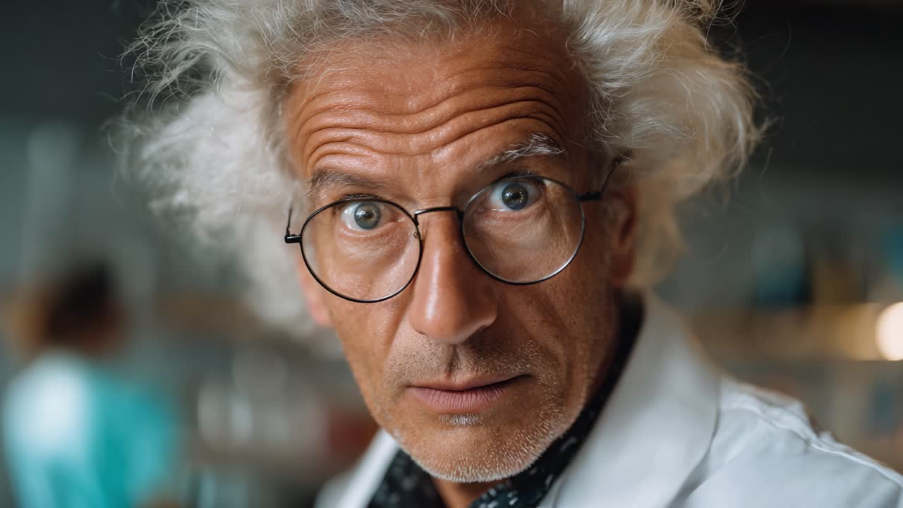 Ein unverwechselbarer Wissenschaftler mit wilden Haaren und Brille, eingefangen in zwei Frames, der einen faszinierten Gesichtsausdruck in einer Laborumgebung zeigt