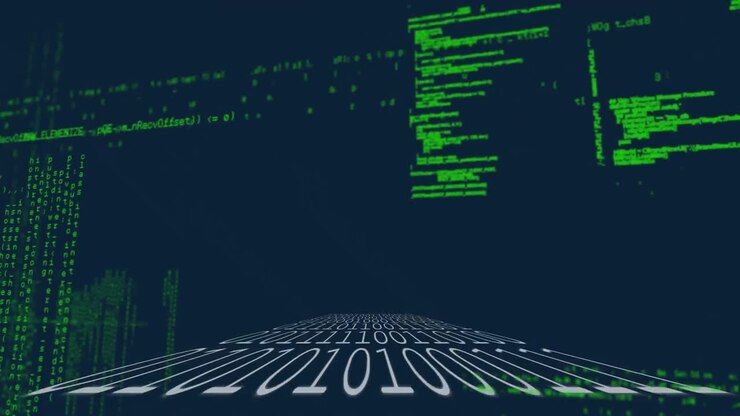 Microprocessor connections over data processing against binary coding on blue background