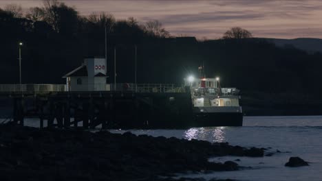 Ferry-Boat-Docked-At-Kilcreggan-Pier-At-Twilight-On-Rosneath-Peninsula,-Scotland,-UK