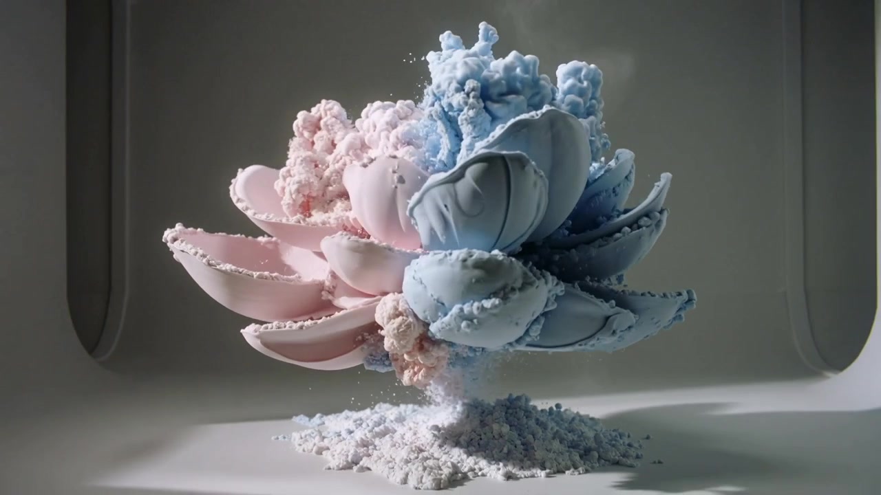 Growing pastel pink and blue foam bloom opening on shallow tray, shedding powder and emitting vapor